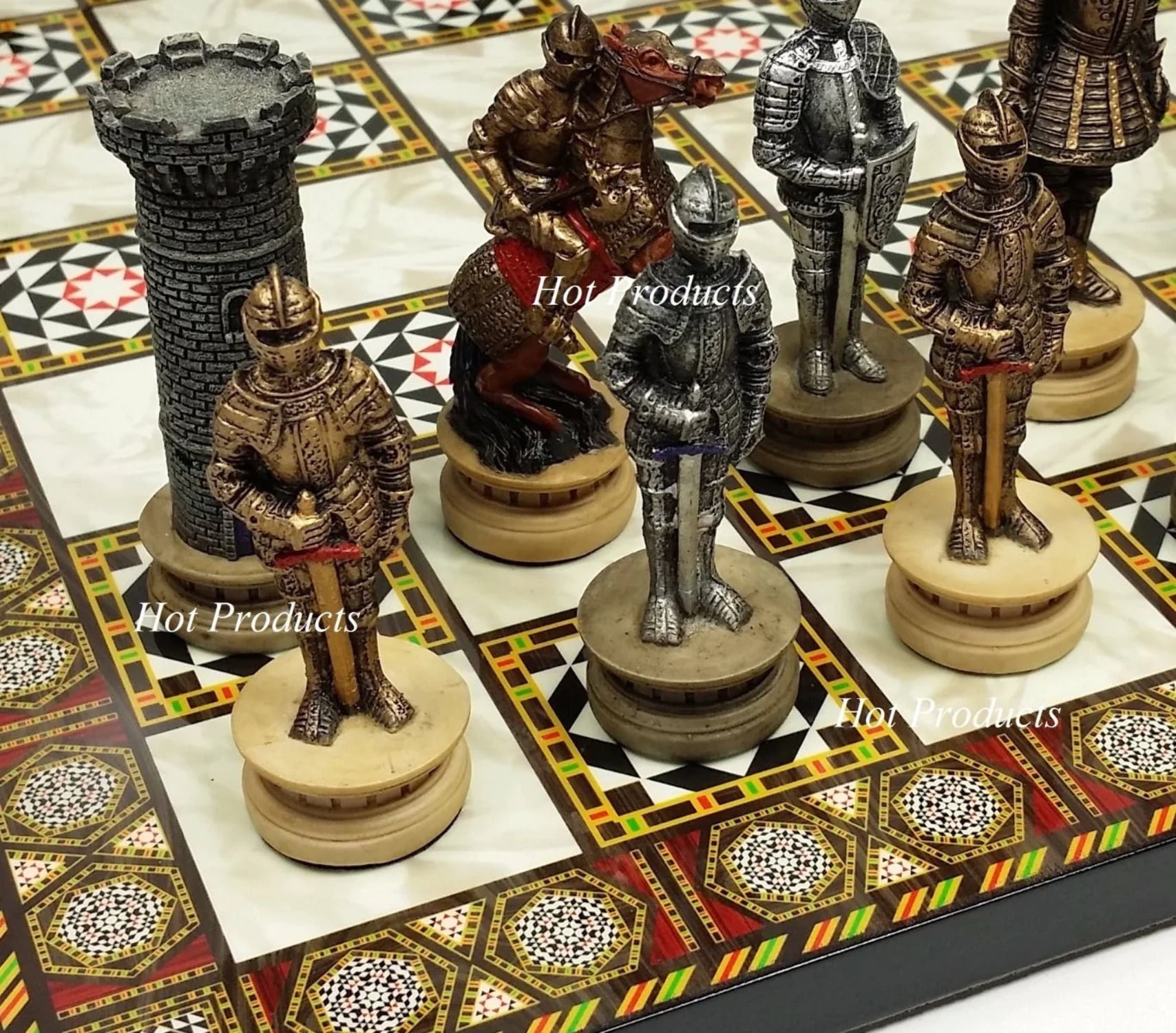 HPL Medieval Crusades Warrior Chess Set – 32pc Hand-Painted Resin Pieces With 17" Mosaic Board