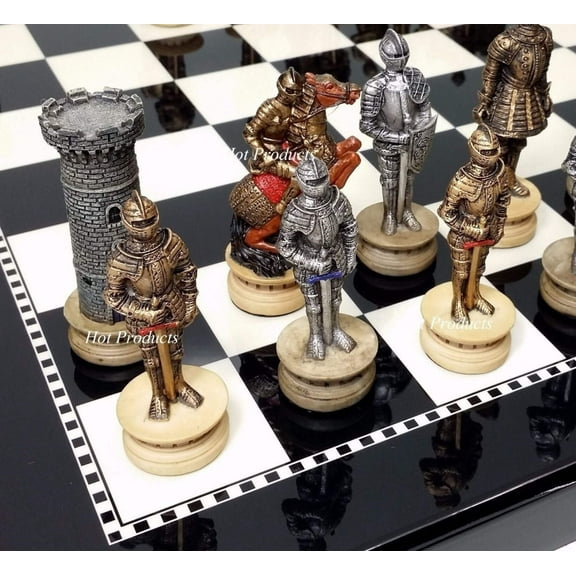 Medieval Times Crusades Armored Warrior Knight Chess Set 15" Black White Board