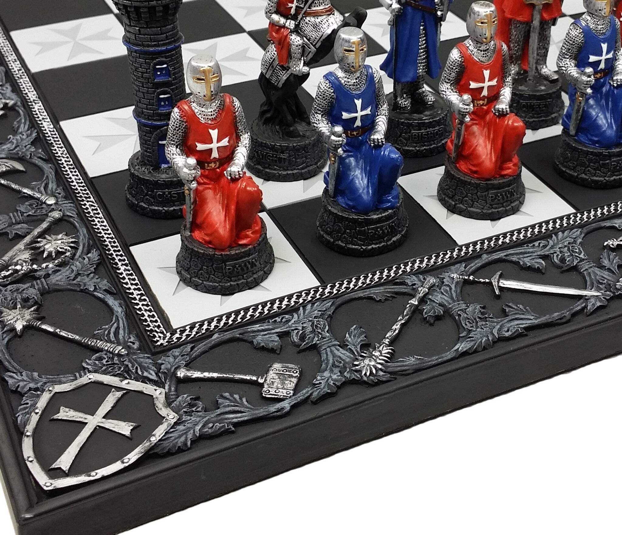 Medieval Times Crusades Blue  Red Armored Maltese Knights Chess Set W 17" Board