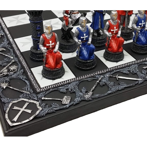 Medieval Times Crusades Blue Red Armored Maltese Knights Chess Set W 17" Board