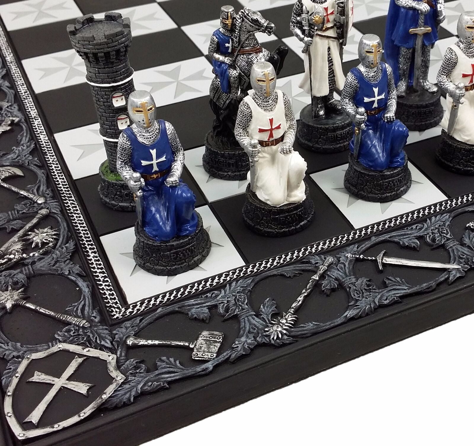 Medieval Times Crusades Blue  White Armored Maltese Knight Chess Set 17" Board