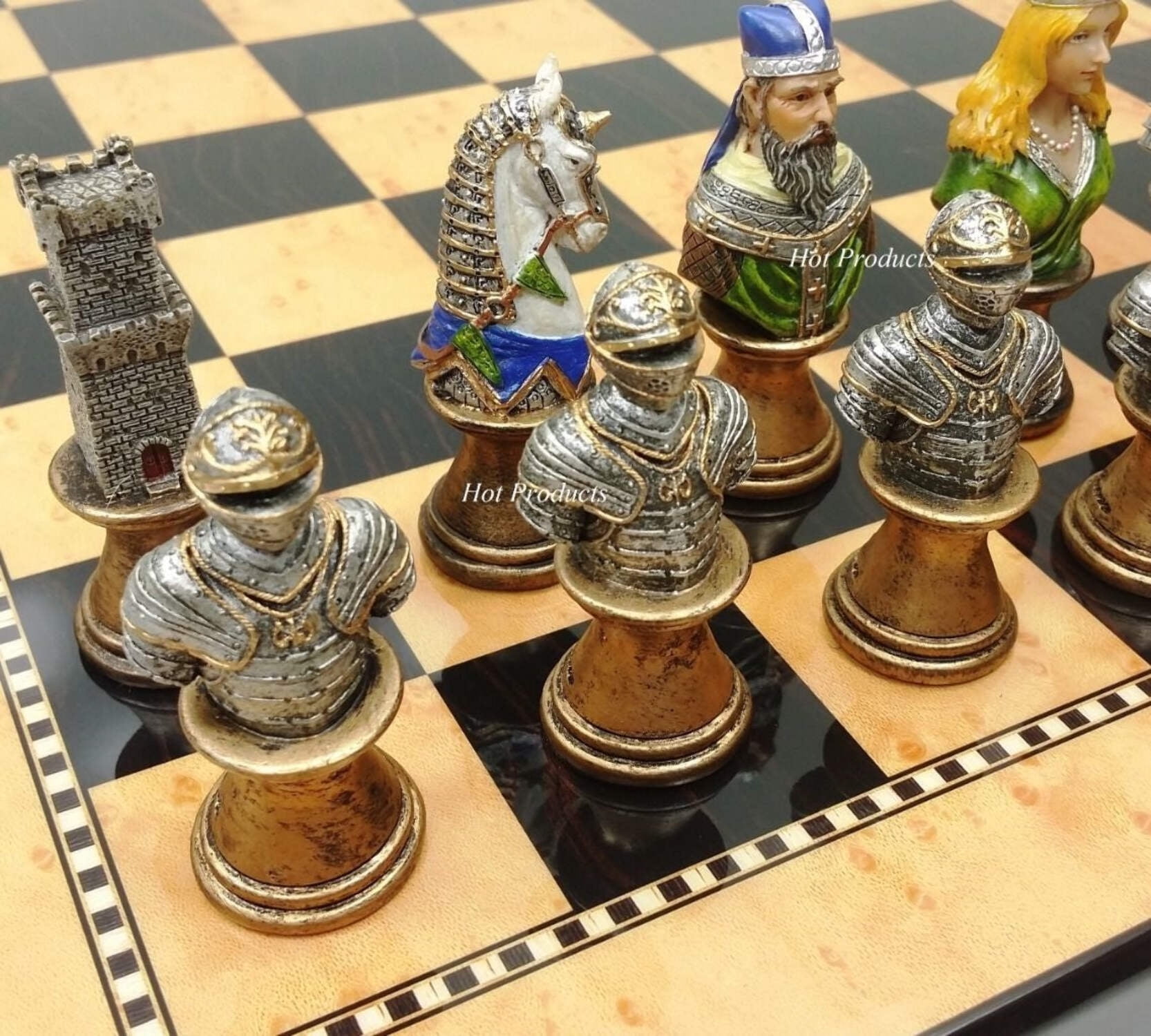 Medieval Times Crusades Busts PAINTED Chess Set 15" Walnut  Maple Color Board