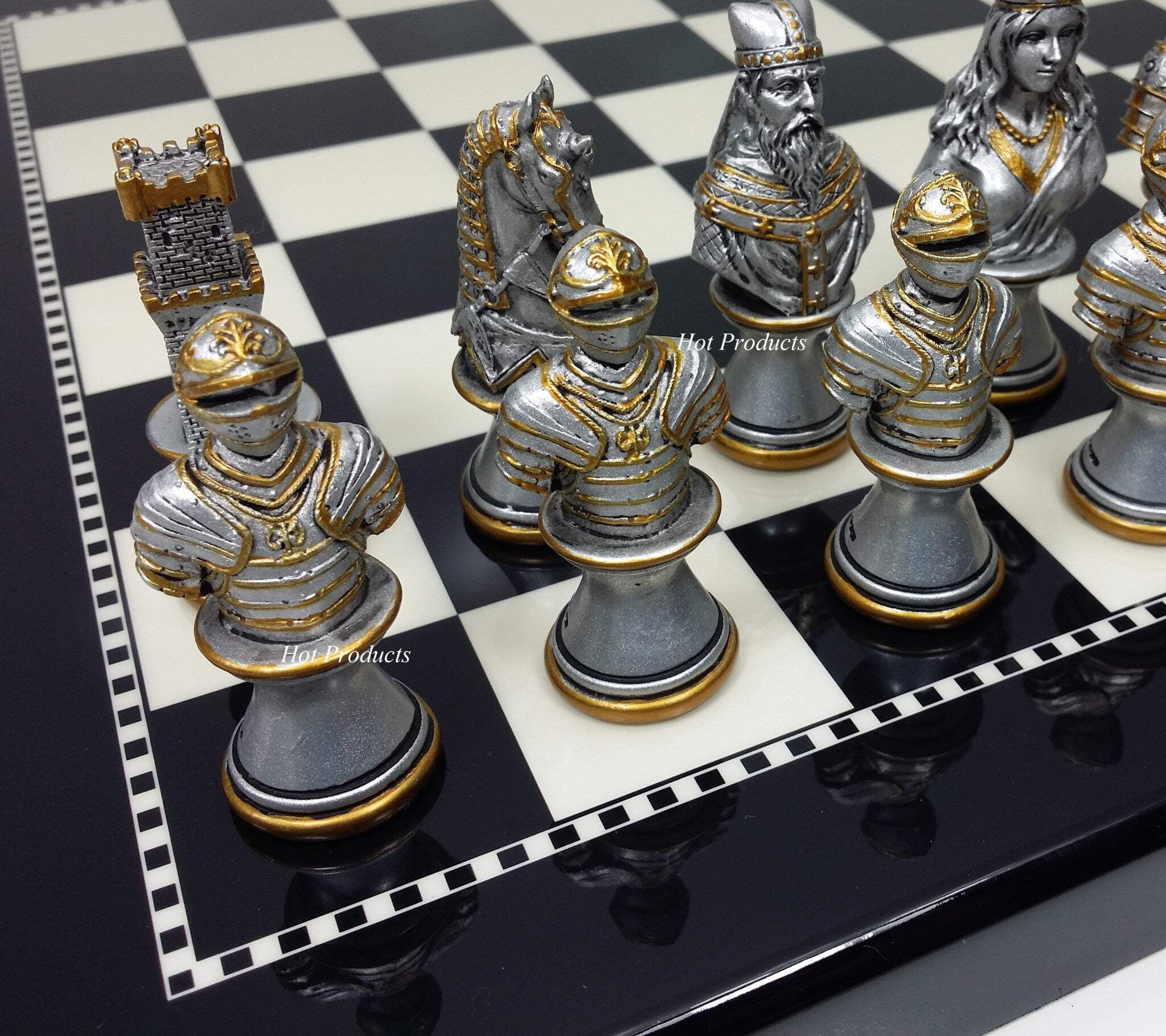 Medieval Times Crusades Gold  Silver Busts Chess Set W/ 15" Black  White Board