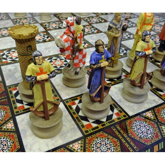Medieval Times Crusades King Richard Knight Chess SET W 17" Mosaic Design Board
