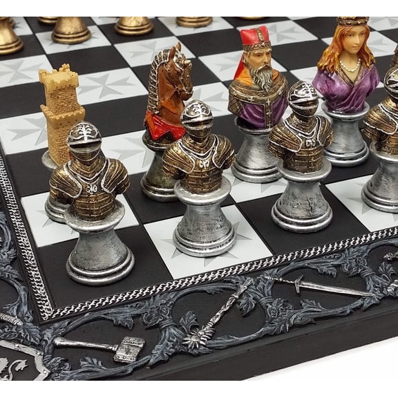 Medieval Times Crusades Painted Busts Knight Chess Set with 17" Maltese Board