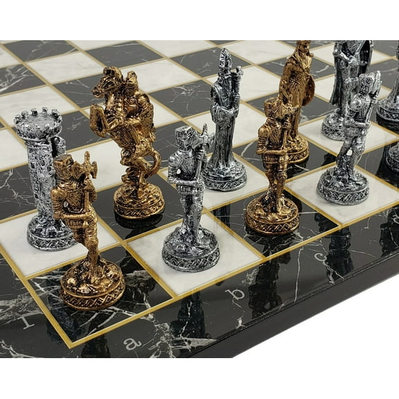 Medieval Times Crusades Pewter METAL Chess Set 17" Black Faux Marble Board