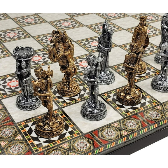 Medieval Times Crusades Pewter METAL Chess Set 17" Mosaic Color Board