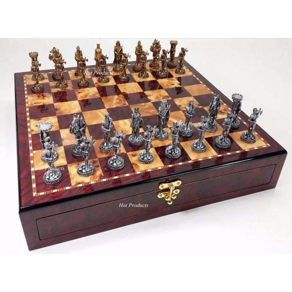 Medieval Times Crusade Pewter METAL Chess Set GLOSS Cherry Color Storage Board