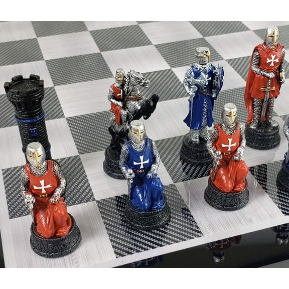 Medieval Times Crusades RED BLUE Maltese Chess Set Black Carbon Fiber Color Bd