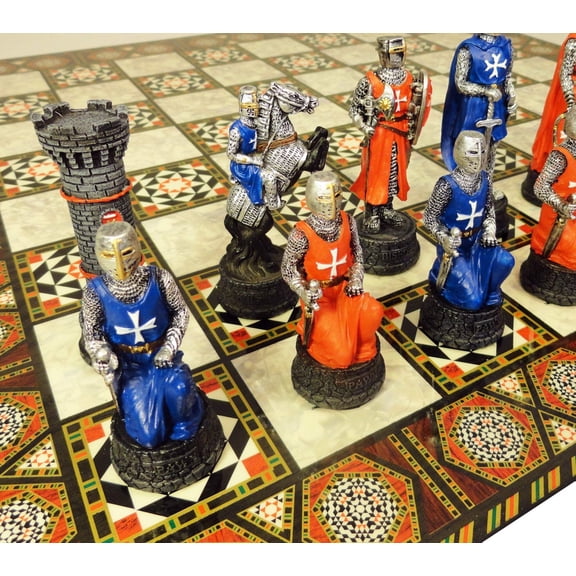 Medieval Times Crusades RED BLUE Maltese Knight Chess Set 17" Mosaic Color Board
