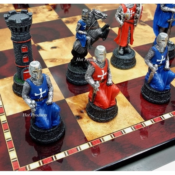 Medieval Times Crusades RED BLUE Maltese Knight Chess Set 18" Cherry Color Board