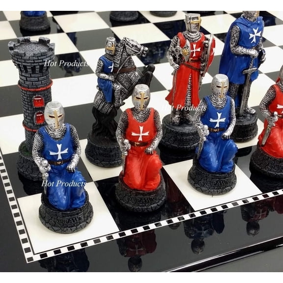 Medieval Times Crusades RED BLUE Maltese Knights Chess Set W/ 15" Black Board