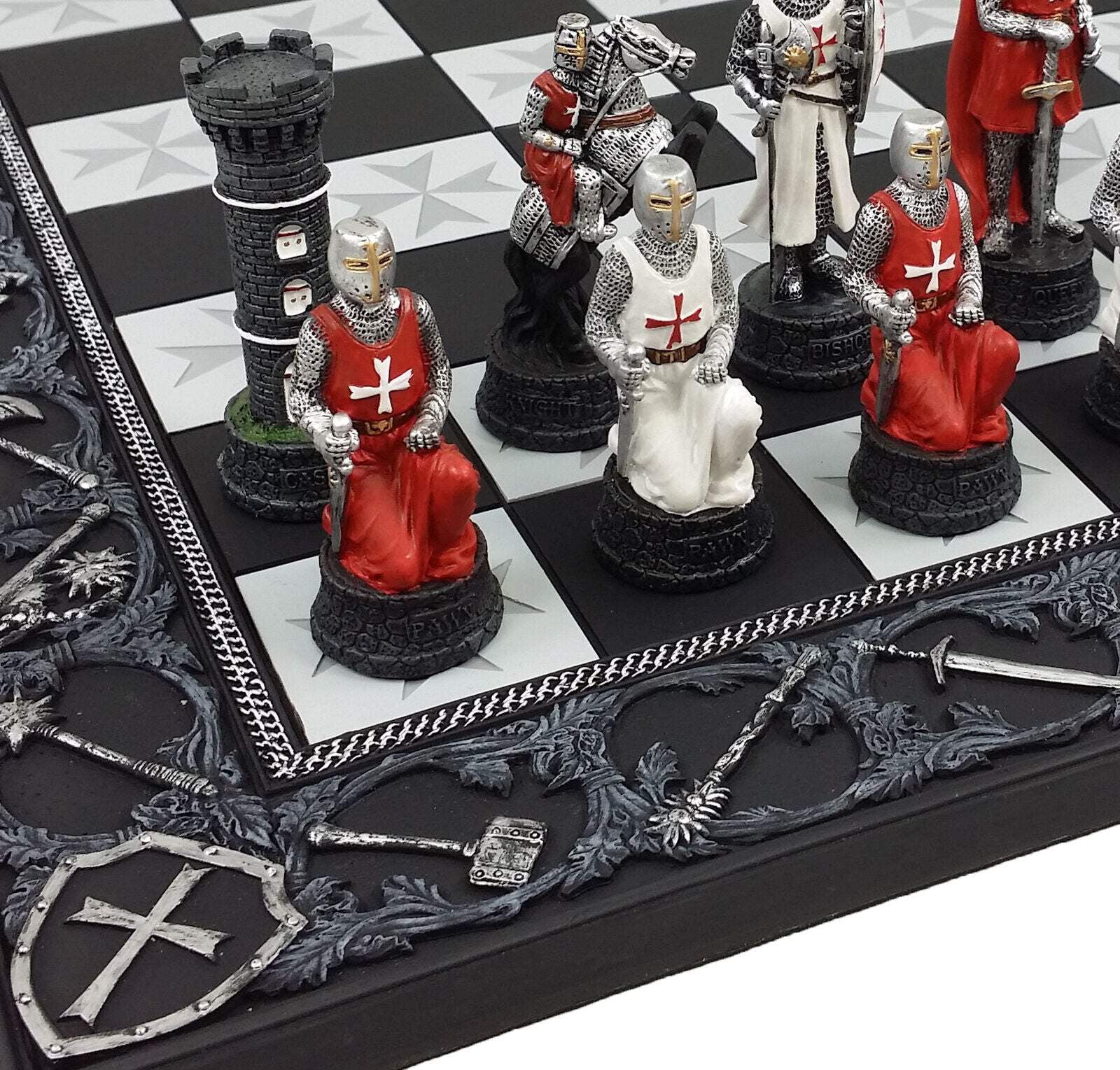 Medieval Times Crusades Red  White Armored Maltese Knights Chess Set 17" Board