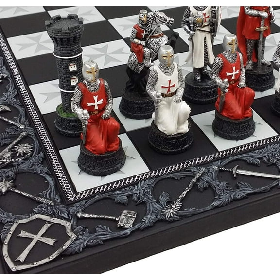 Medieval Times Crusades Red  White Armored Maltese Knights Chess Set 17" Board