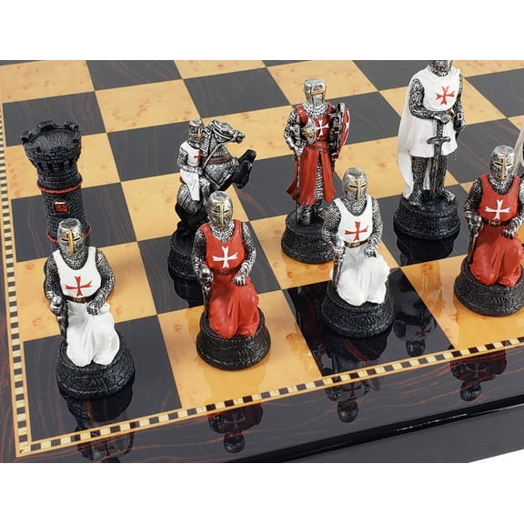 Medieval Times Crusades Red White Maltese Chess Set W/ 18" Walnut COLOR Board
