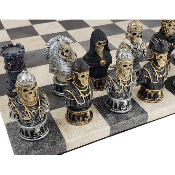 Medieval Times Gothic Skull Busts Chess Set 14.5" Dusky Black Faux Leather Board