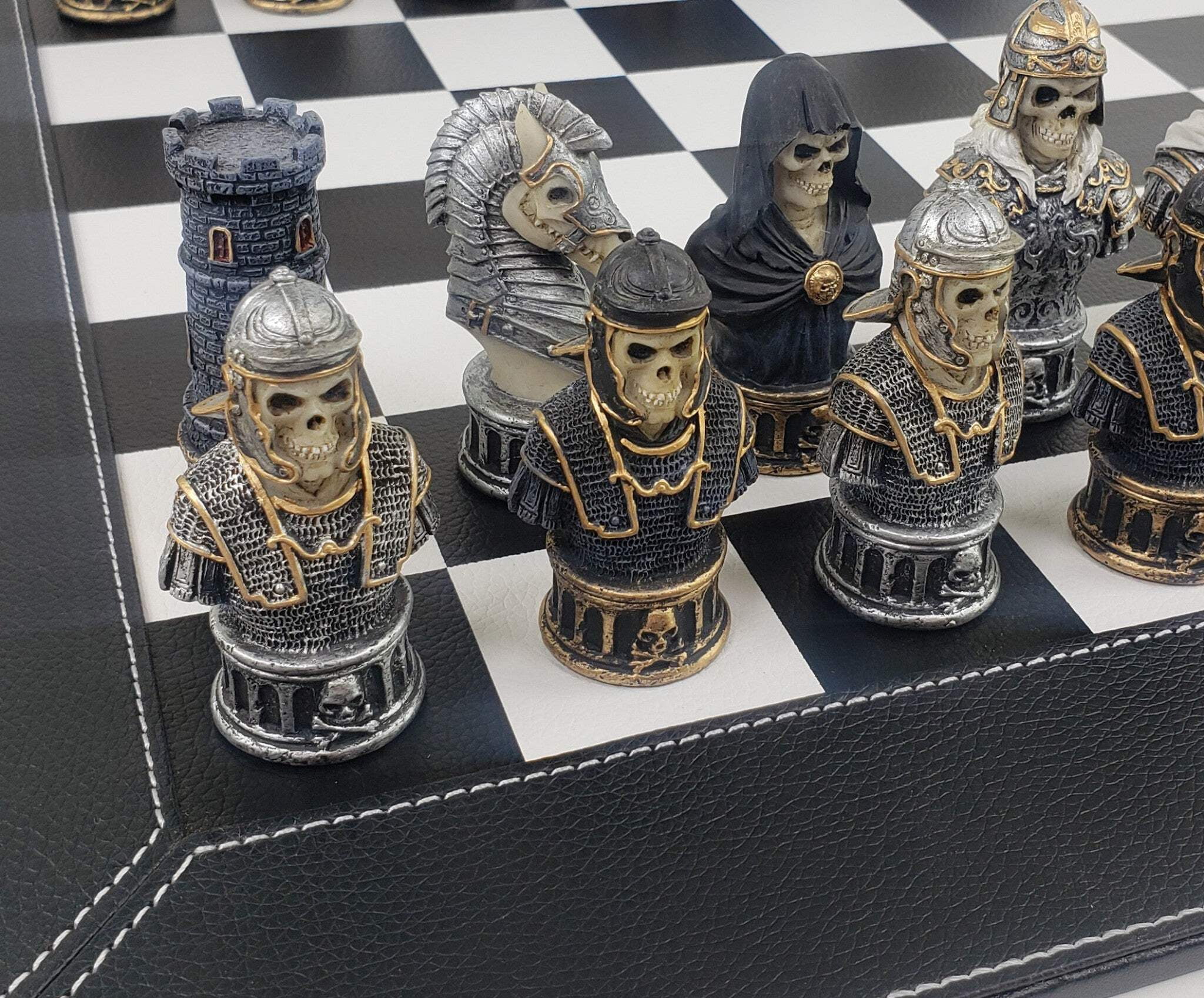 Medieval Times Gothic Skull Busts Chess Set 18" Black  White Faux Leather Board