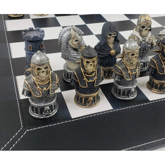 Medieval Times Gothic Skull Busts Chess Set 18" Black  White Faux Leather Board