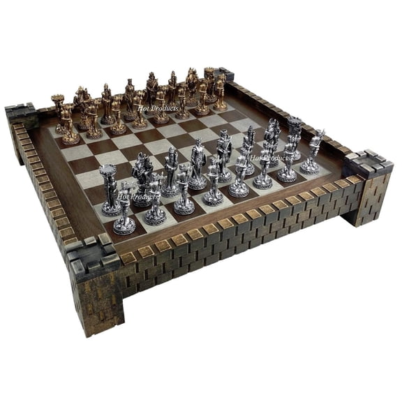 Medieval Times Knight Pewter Metal Chess Set Antique Finish W 17" Castle Board