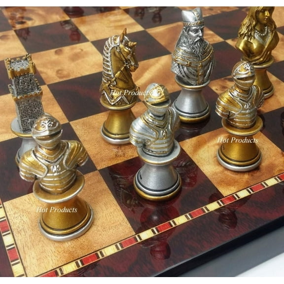 Medieval Times Knights Busts Gold Silver Chess Set W/ 18" Cherry Color Board
