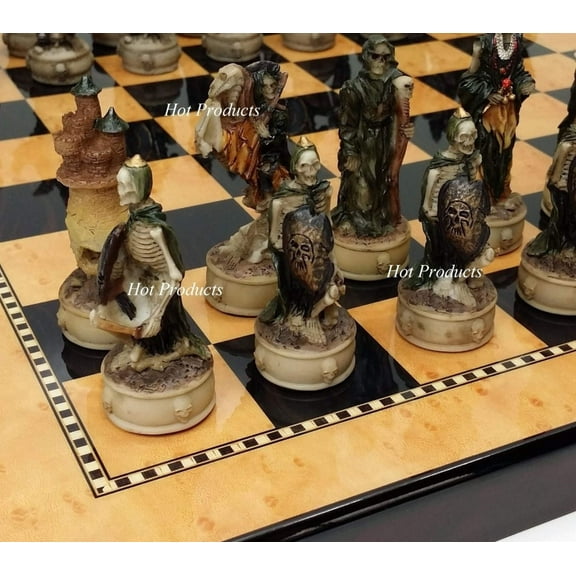 Medieval Times Skeleton Slayer Gothic Skull Chess Set 15" Walnut Color Board