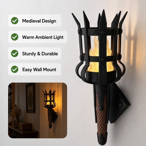 Medieval Torch Wall Sconce, Orange Flame Effect Wall Mount Light for Castle Gothic Halloween Home Decor