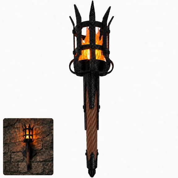 Medieval Torch Wall Sconce, Remote Control Adjustable Breathing LED Torch Wall Sconce, Gothic Castle Wall Decor with Flickering Flame Light for Fantasy Room Gaming Room Halloween Decor