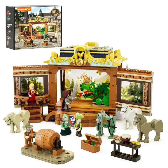Medieval Troupe Carriage Lighting Building Bricks Set - Middle Ages City Town Playset Multi-Form Modular Collection Display Kit with Minifigures 1248 Pcs for Adults & Teens
