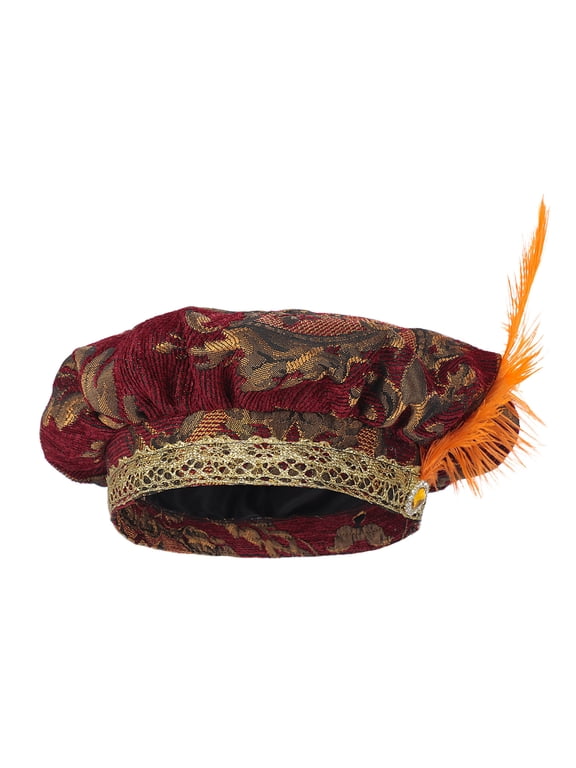 Medieval Tudors Hat with Feathered Renaissances Muffin Hat Tudors Flat Cap Halloween Cosplay Costumes Halloween Cosplay