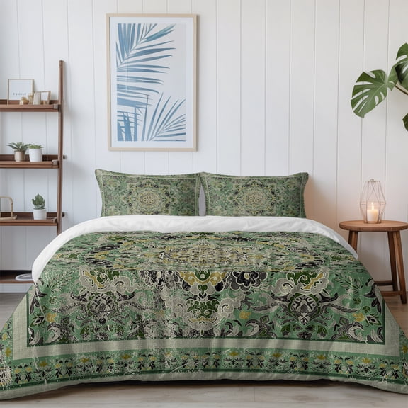 Medieval Turkish Boho Pattern California King Size Bed Set,Green Mural Retro Floral Texture 4 Pcs Bedding Set for All Seasons with 1 Quiltcover (96"x104"),1 Sheet (110"x98"),2 Pillowcases (20"x36")