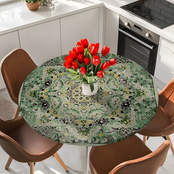 Medieval Turkish Boho Pattern Round Fitted Tablecloth with Elastic Edge,Waterproof Table Cloth Fits 36"-44" Tables,Wipeable Table Cover for Indoor Outdoor Dinning,Green Mural Retro Floral Texture