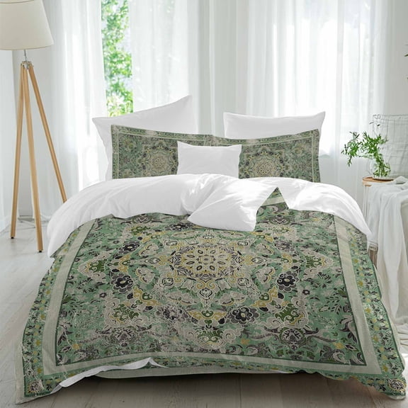 Medieval Turkish Boho Pattern Soft Breathable Bedding Set with Pillow Shams Flat Sheet, Green Mural Retro Floral Texture Bed Comforter Cover Sets