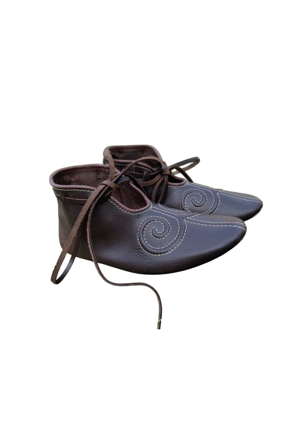 Medieval Turn Shoes Handcrafted Leather Medieval Style, Lace-Up, Pointed Toe, Brown Dark Tan Designer Embroidered US Size 09