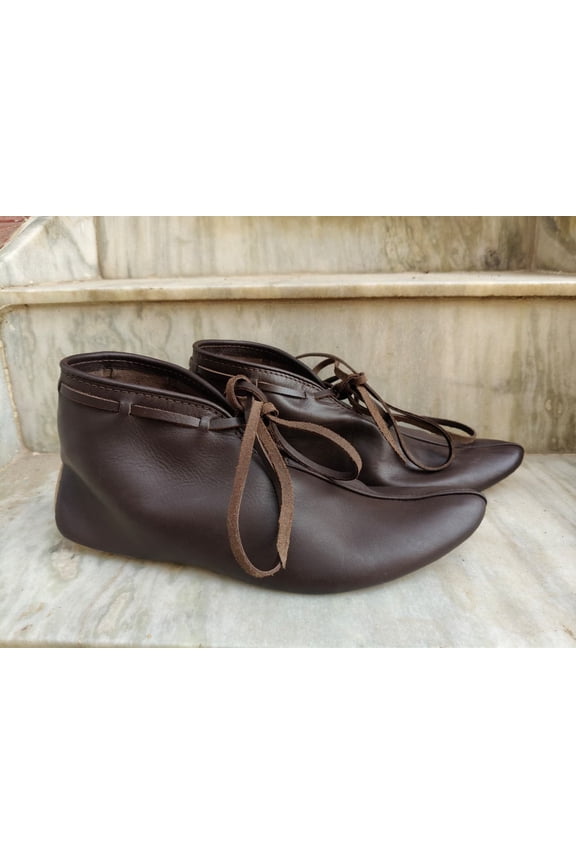 Medieval Turn Shoes Handcrafted Leather Medieval Style, Lace-Up, Pointed Toe, Brown Dark Tan US Size 11