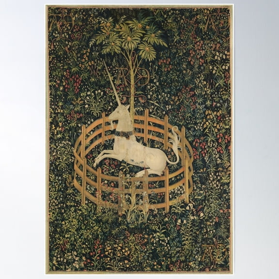 Medieval Unicorn In Captivity Floral Tapestry Poster Wall Art, Modern Wall Decor For Living Room Bedroom, 12x18 UNFRAMED