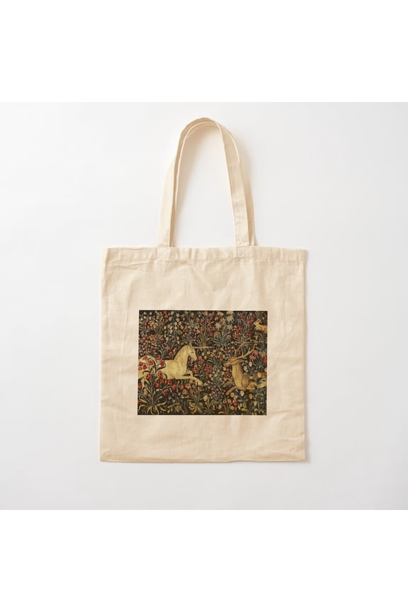 Medieval Unicorn Midnight Floral Tapestry Canvas Tote Bags, Reusable Shopping Bag