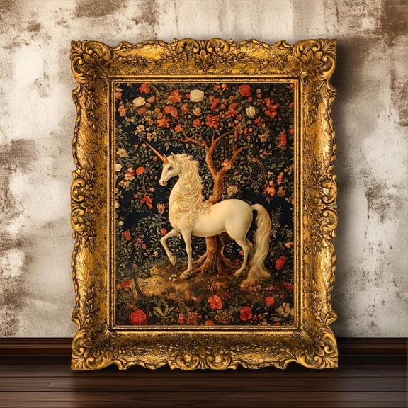 Medieval Unicorn Tapestry Art Print, Unframed Paper Poster 8x10in