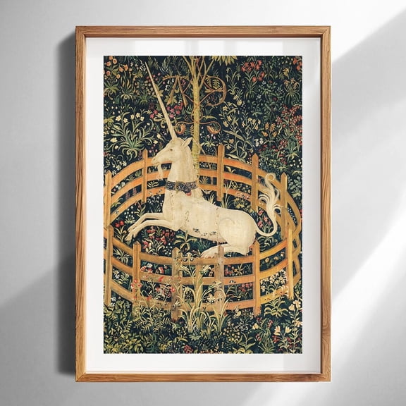 Medieval Unicorn Tapestry Print, Vintage Botanical Fantasy Wall Art, Unframed Paper Poster 8x10in