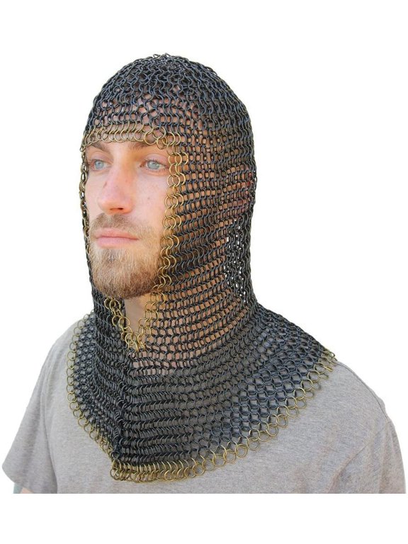 Medieval V Brass Face Mild Steel Chainmail Coif Armor