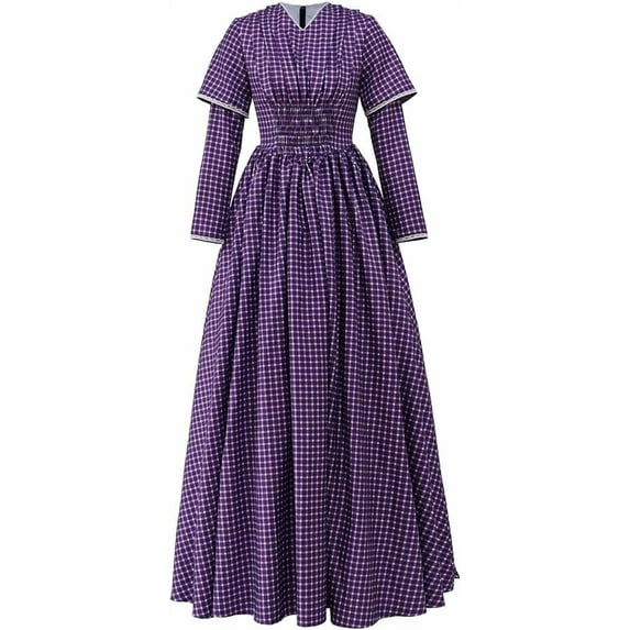 Medieval Victorian Dress Women Civil War Pioneer Purple Plaid Dress Vintage Long Sleeve Tea Party Gown