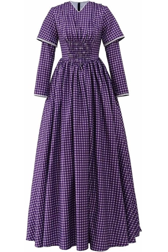 Medieval Victorian Dress Women Civil War Pioneer Purple Plaid Dress Vintage Long Sleeve Tea Party Gown