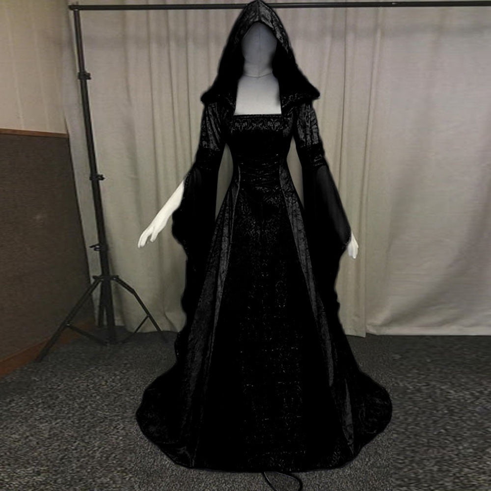black velvet dress halloween costume Medieval Victorian for Women,Vintage Witch Renaissance Costumes Vampire Hooded Gothic Cosplay Gown, halloween costumes for women, medieval dress-Black/XL MetaTitle – MilanoMensWear Style-Color-Dim:AP1D105271_AA002_M elastic deep black velvet Colour:Dark Blue
