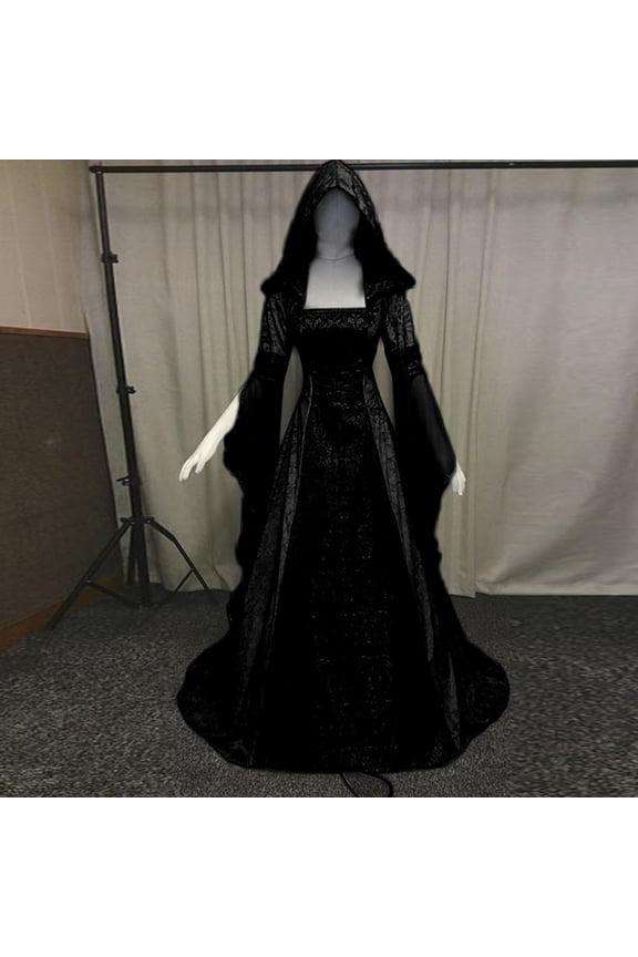 Medieval Victorian Dress for Women,Vintage Witch Halloween Renaissance Costumes Velvet Vampire Hooded Gothic Cosplay Gown, halloween costumes for women, medieval dress-Black/XL