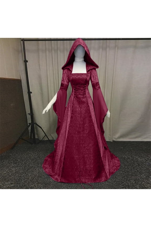 Medieval Victorian Dress for Women,Vintage Witch Halloween Renaissance Costumes Velvet Vampire Hooded Gothic Cosplay Gown, halloween costumes for women, medieval dress-Wine/XXXXL