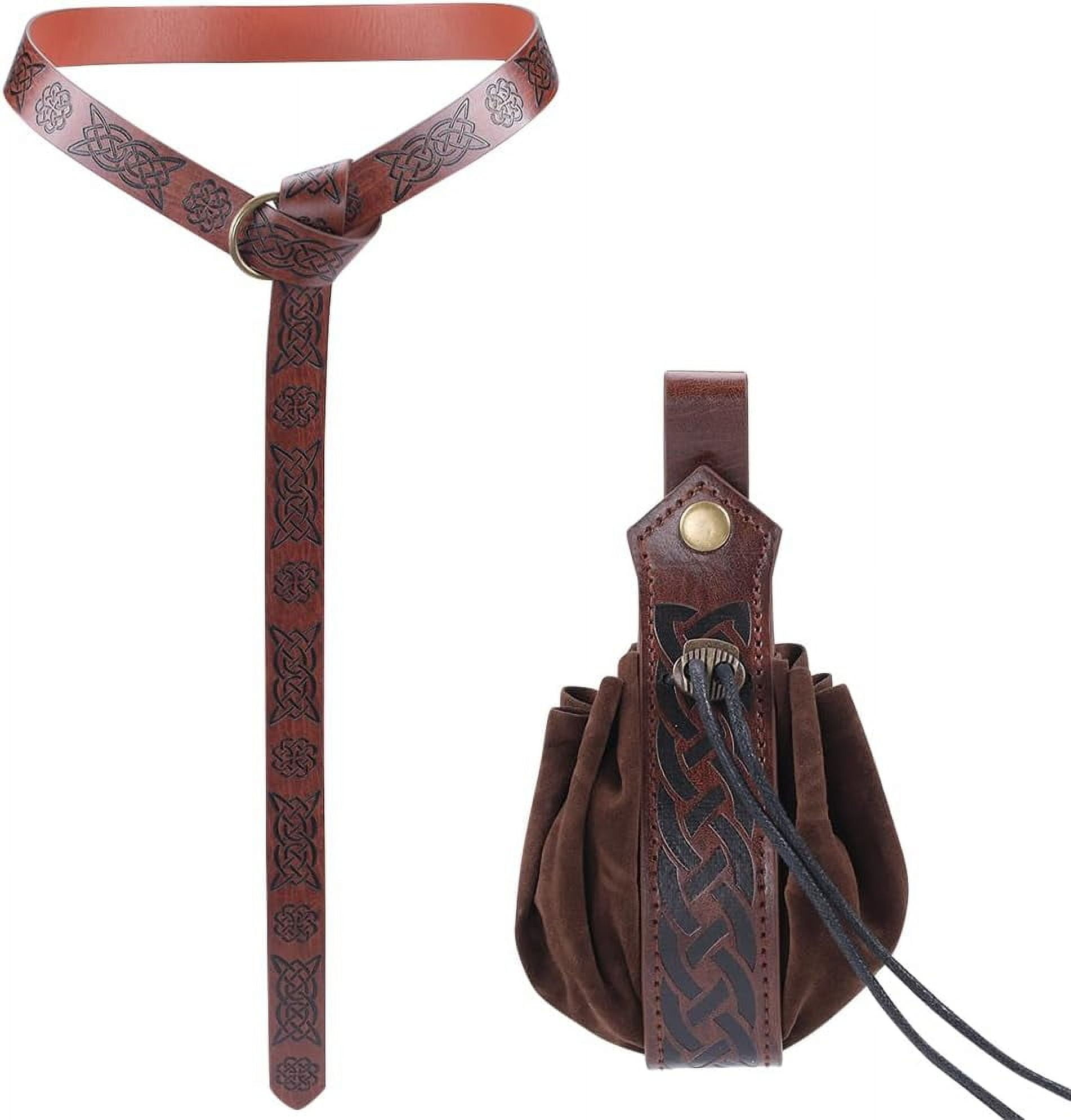 Medieval Viking Belt For Men - Renaissance Knight Costume Belt With Embossed Design & O-Ring Buckle, Adjustable Brown