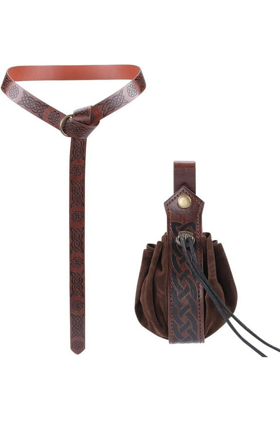 Medieval Viking Belt Pouch Set Renaissance Imitation Leather O Ring Belt with Retro Nordic Knot Drawstring Purse Dice Bag Costume Accessories for Halloween Cosplay Coconut Brown