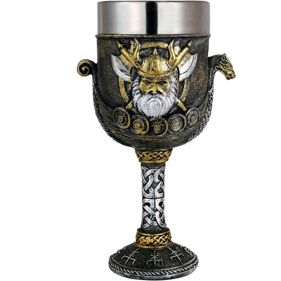 Medieval Viking Odin Wine Goblet - Viking Gifts for Men 7oz Stainless Steel Drinking Cup Norse Dragon Ship Chalice Party Decoration