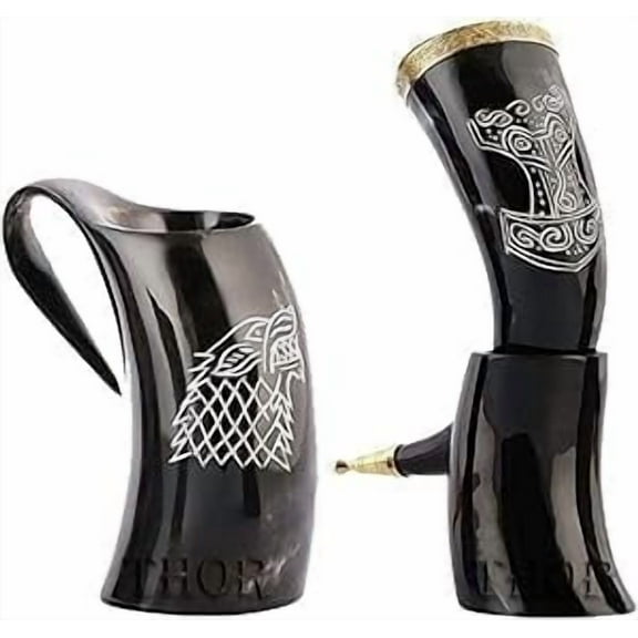 Medieval Viking Style Drinking Thor Horn Mug with Wolf Horn Beer Tankard | Gift | Large Horn Rustic Vintage Home Decor Gifts