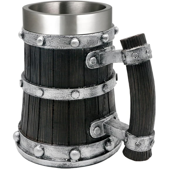 Medieval Viking Wood Beer-Tankard Mug - 21oz Norse Stainless Steel Cup Viking Gifts Coffee/Beer Mug for Men Nordic Decor