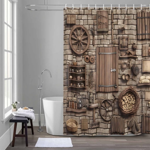 Medieval Vintage Shower Curtain for Bathroom Decor, Kitchen Brick Wall Waterproof Fabric Shower Curtain, 48"x72" Set with 12 Hooks